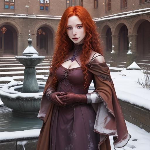 Pretty maiden, curly copper red hair, violet eyes, ruined ca...