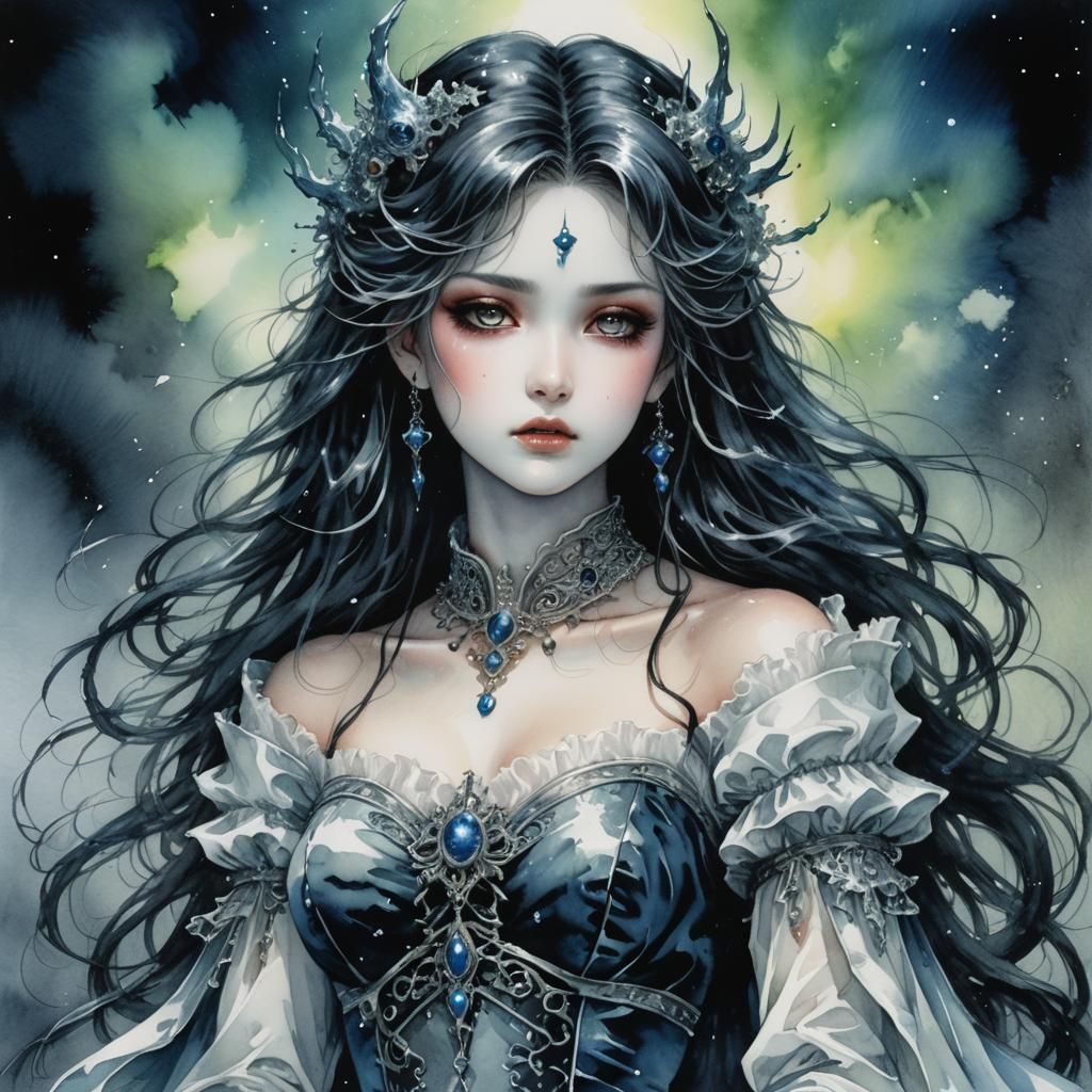 Dark and moody watercolor painting of a gorgeous alluring porcelain ...