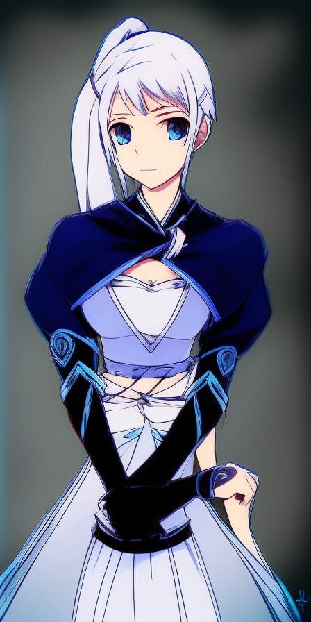 Weiss Schnee. RWBY. Long side ponytail hair. Both light blue eye