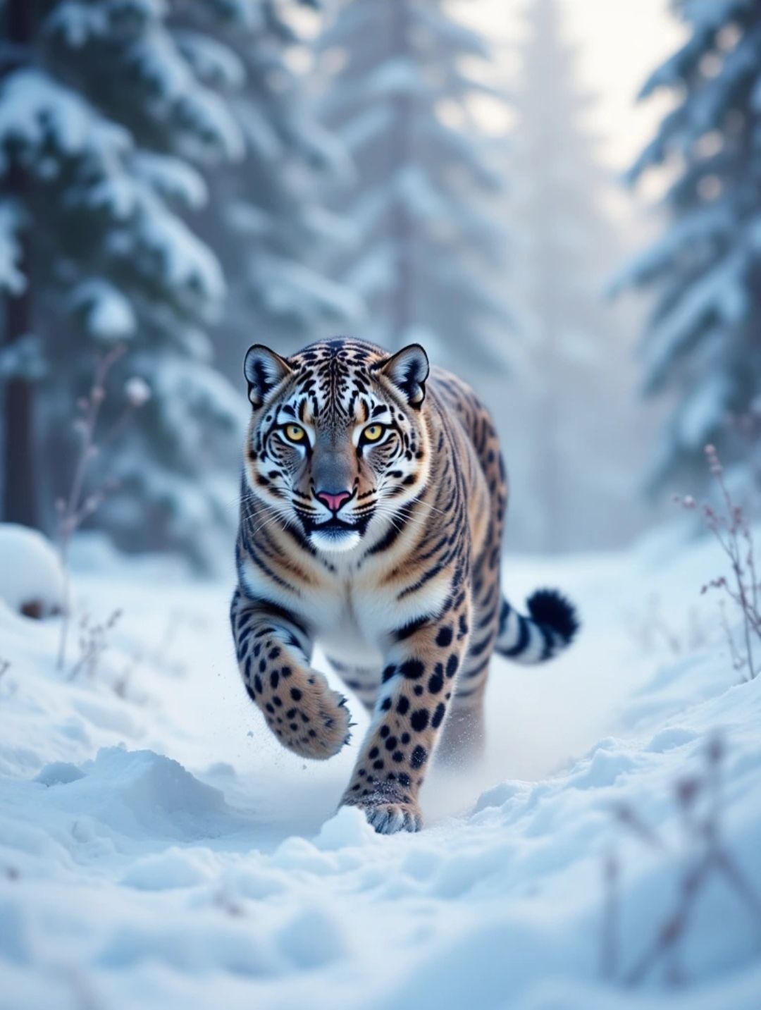 A snow leopard running in the snow By artist , inspired by WLOP, Artstation, #genshinimpact pixiv, extremely detailed, a...