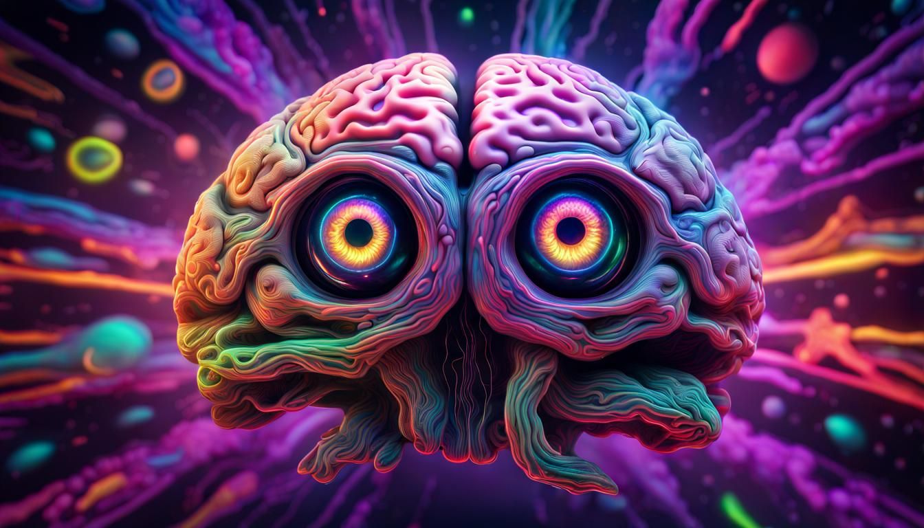 A psycadelic neon brain with big eyes  pulsating into space ...