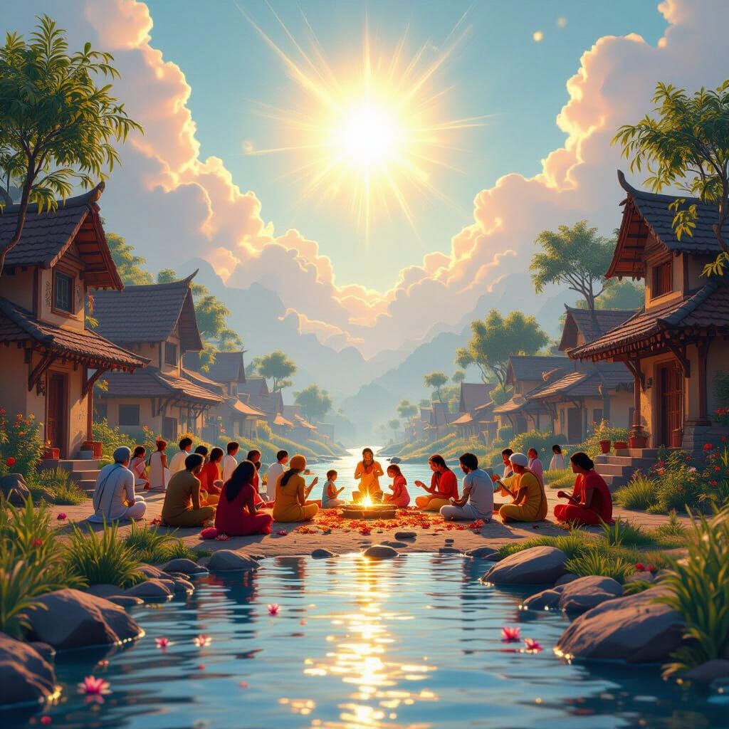 "Wide view of the village, people gathered near river performing Shraddh, bright divine aura above, symbolizing peace an...