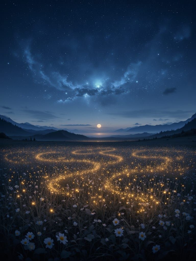 Glowing Dandelion Seeds in Magical Night Landscape