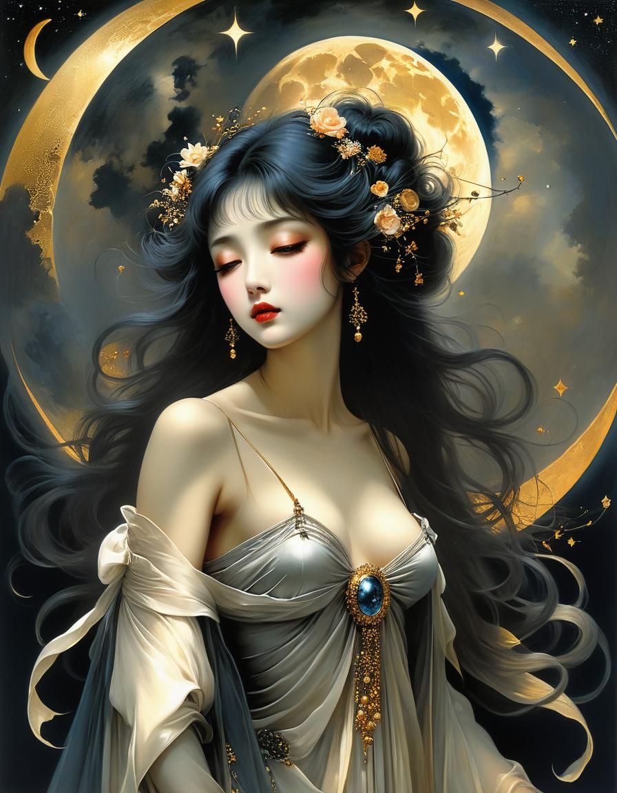 🌸🧚🏿, Mystery Moon, Midnight Melancholy, (Louis Royo:1.2), Gustave Klimt, (Yoshitaka Amano:1.4), Remedios ...  by @ScaredLittleCreative