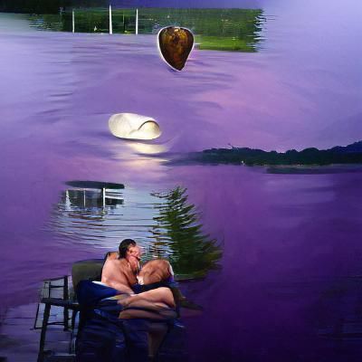 Couple in love at the lake house  with moon over them hyperr...