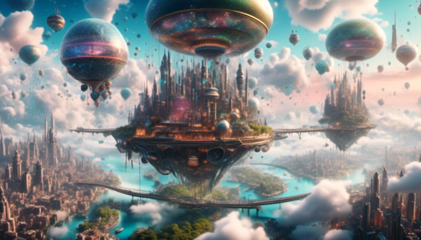 <lora:Unreal:1.0> <lora:Dreamy Darkness V1:1.0> A floating city in the clouds, with airships docking at sky-high platforms and clouds servin...