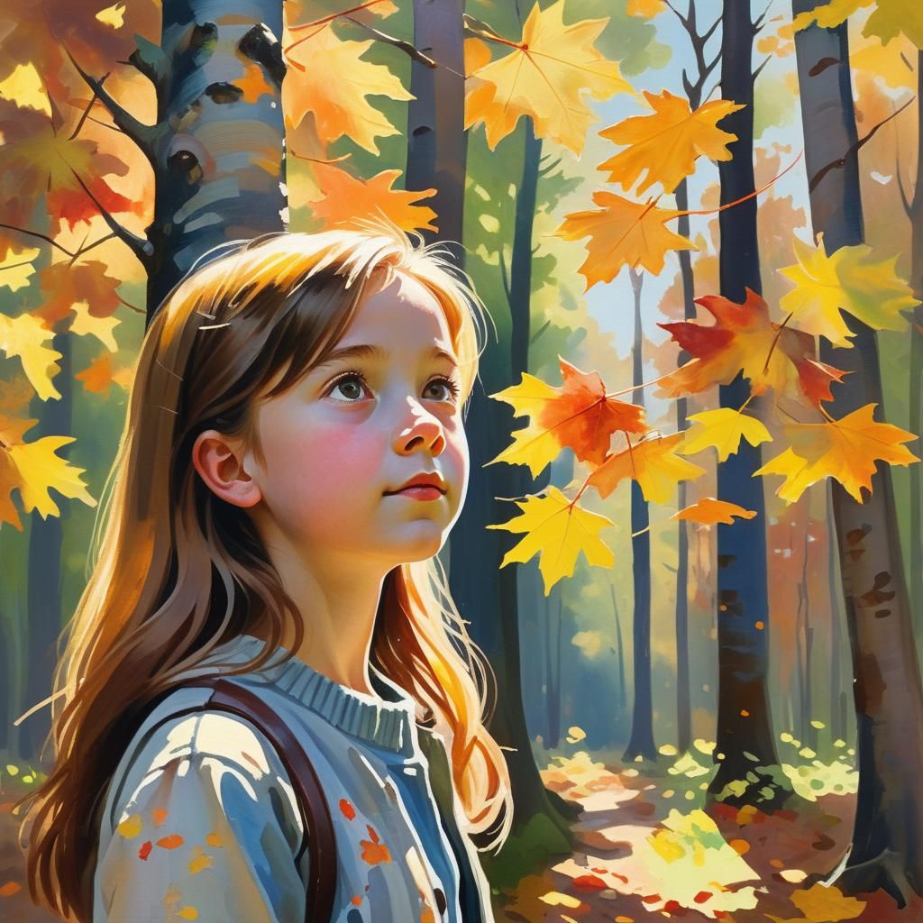 Girl Gazing at Autumn Maple Tree, Gouache Impressionism