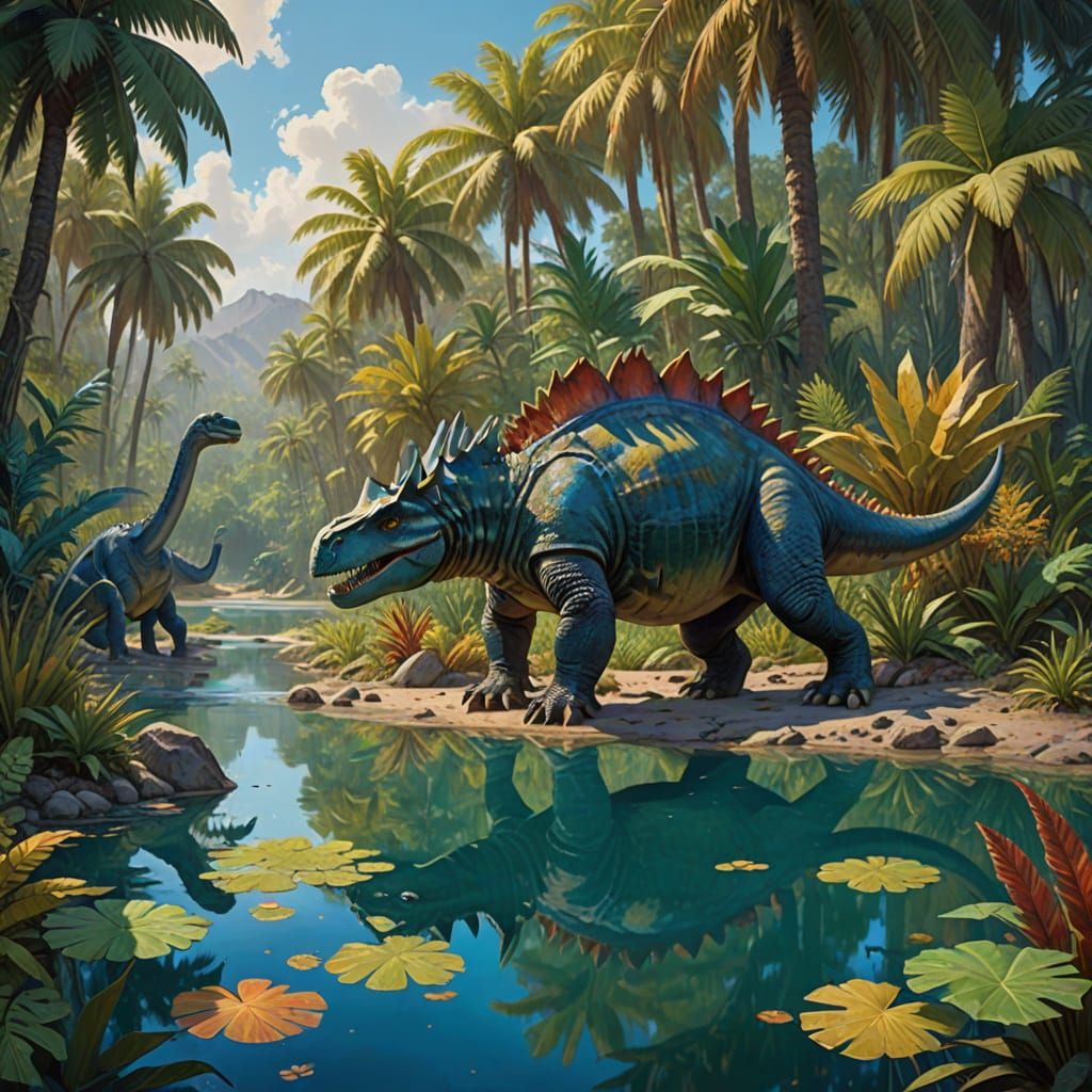 Jurassic period Earth vegetation with two stegosaurus drinking from a lagoon while an Allosaurus roars in the foreground in Gouache Style, W...