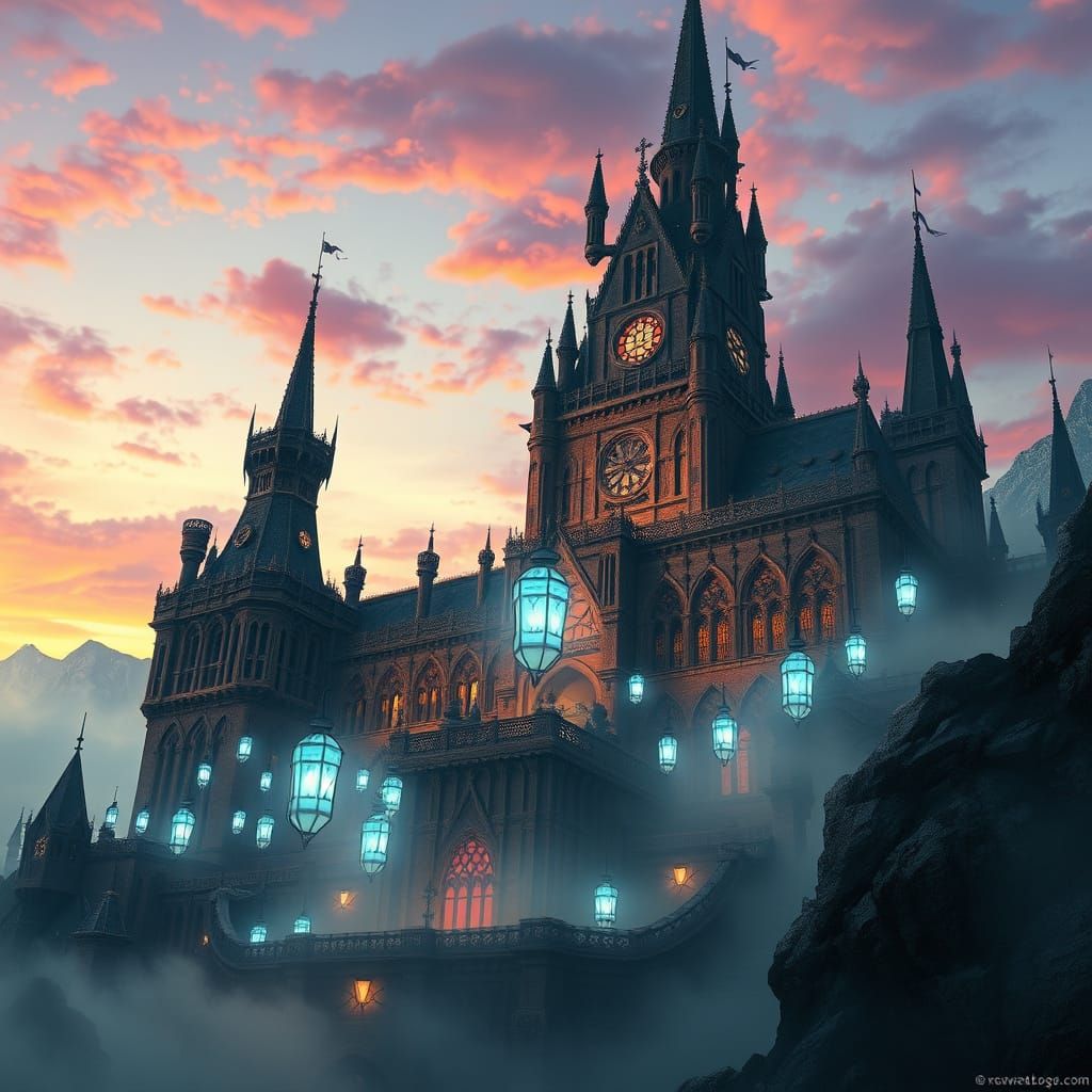 Gothic Castle Illuminated by Ethereal Lanterns in a Vibrant ...