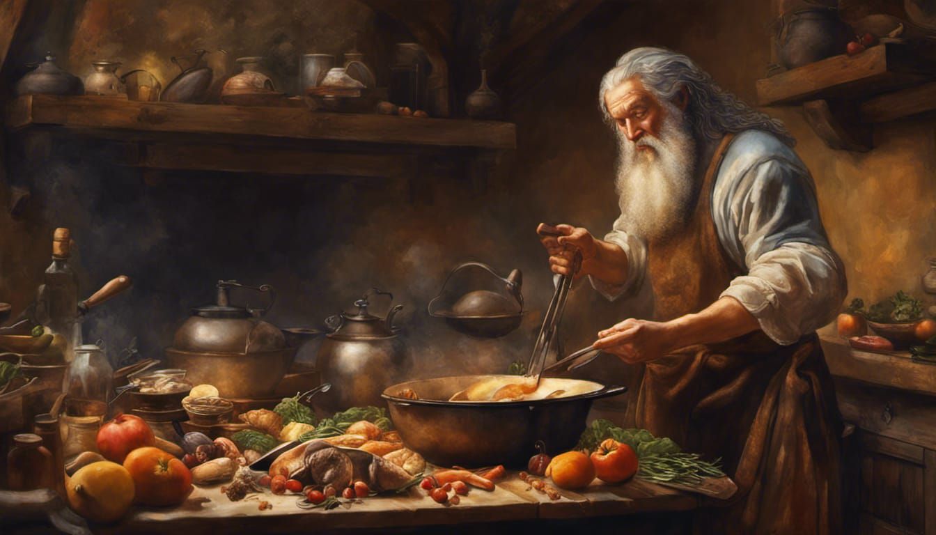 leonardo da vinci cooking dinner in a kitchen Hyperrealistic, splash ...