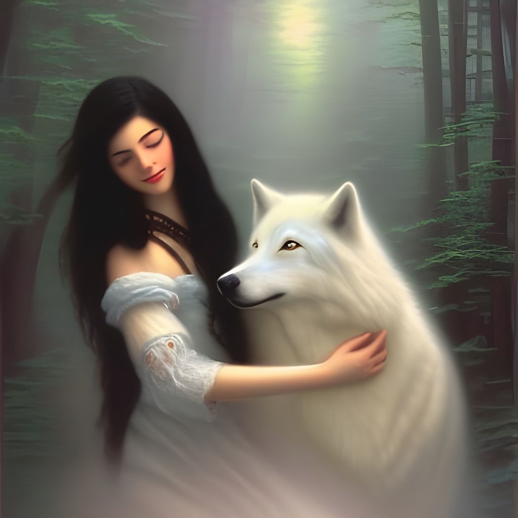 A gorgeous girl with long black hair hugging a pure white wolf head and ...