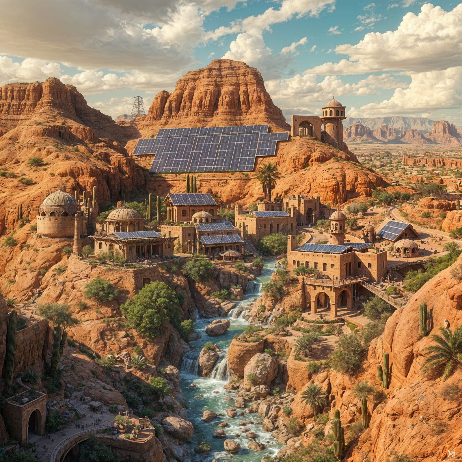A solarpunk settlement built into the side of a towering mesa in the desert, featuring buildings made ...  by @Coragon
