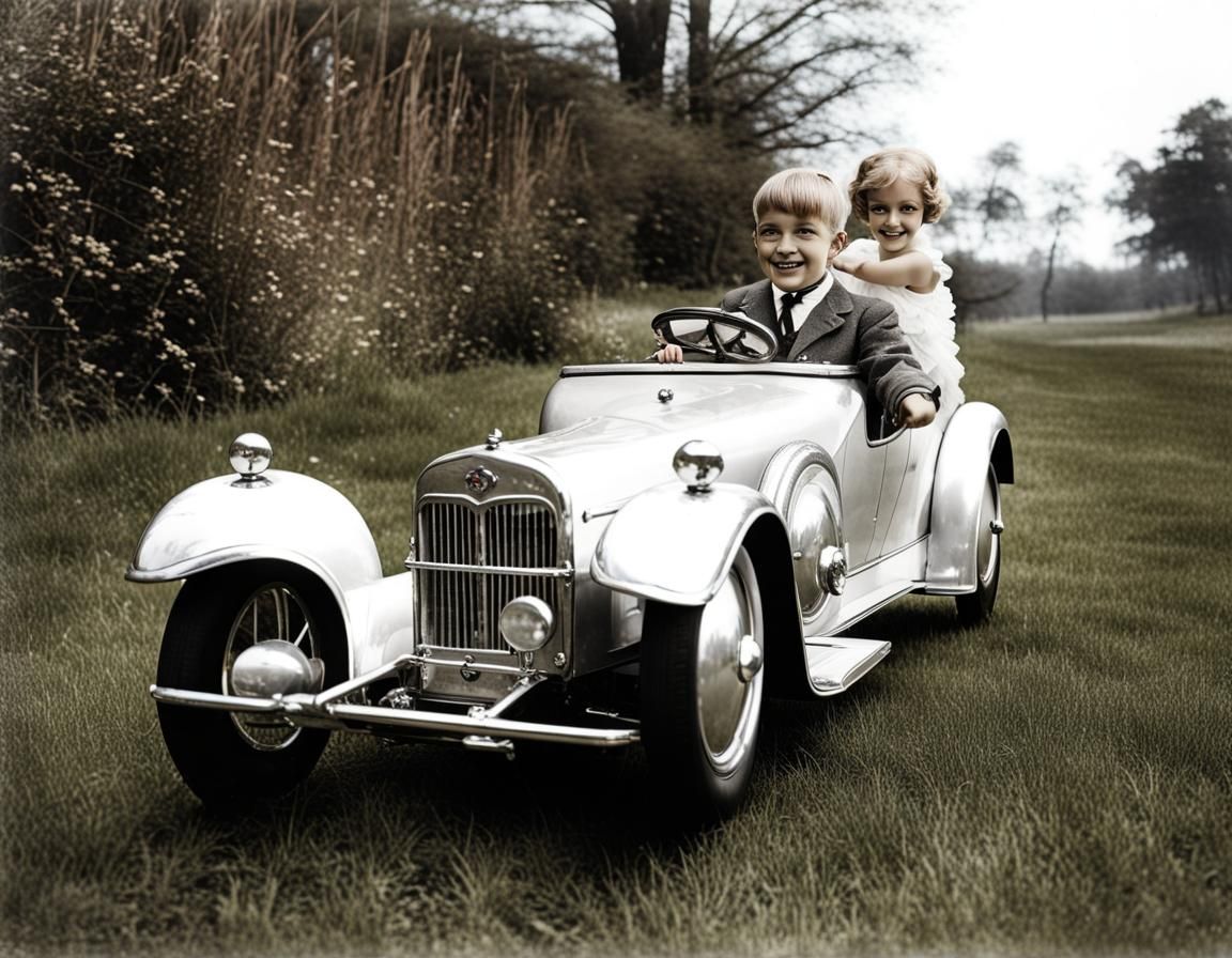 1932 Bucciali antique pedal car, happy little driver, b/n antique photography