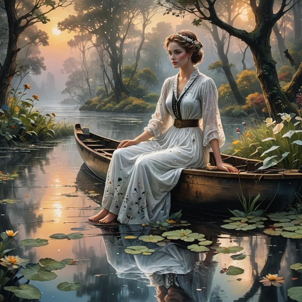 A white dressed women on a river