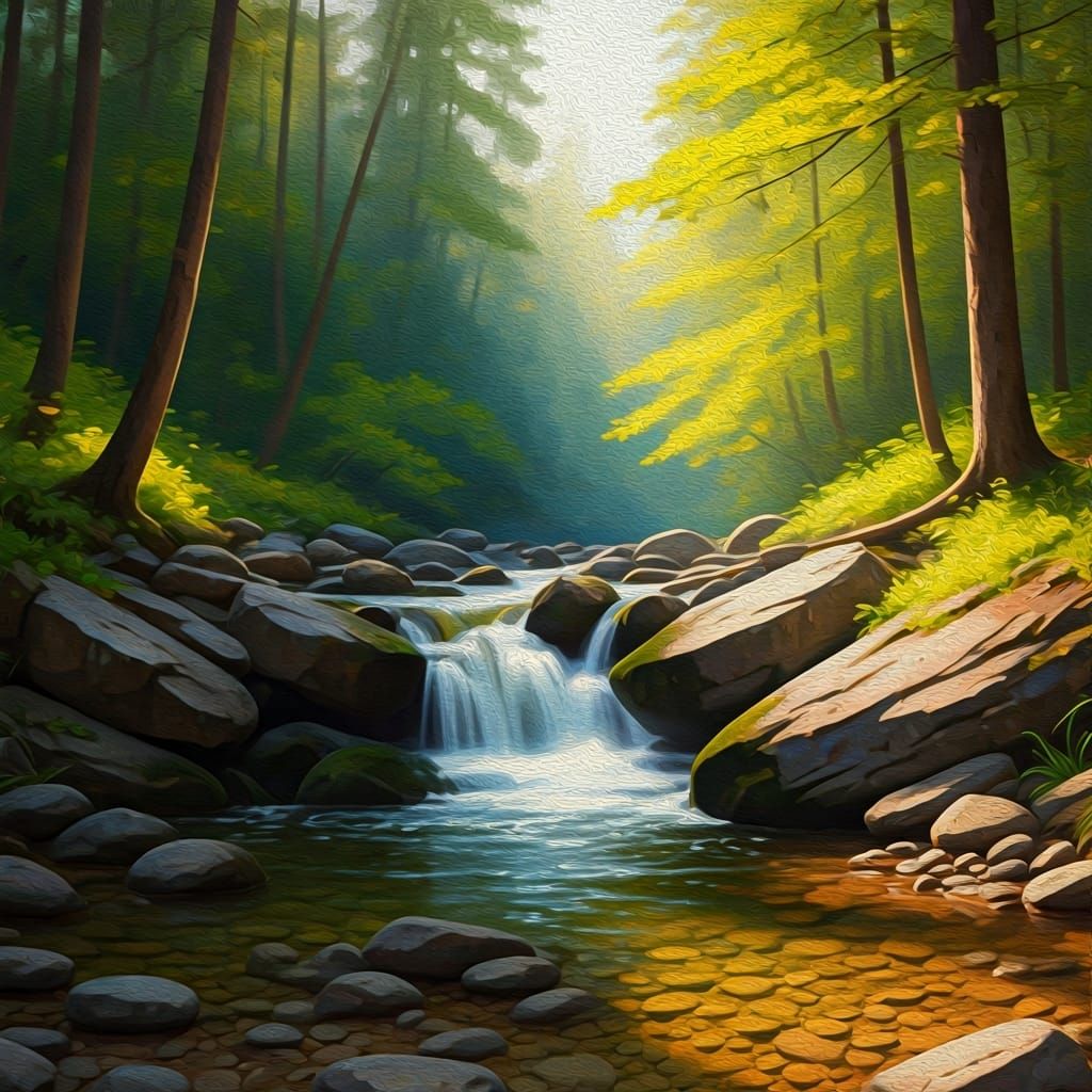Serene Forest Stream in Impressionistic Style