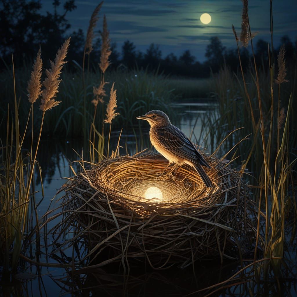 Ethereal Golden Hour Scene with Bird's Nest in Reeds