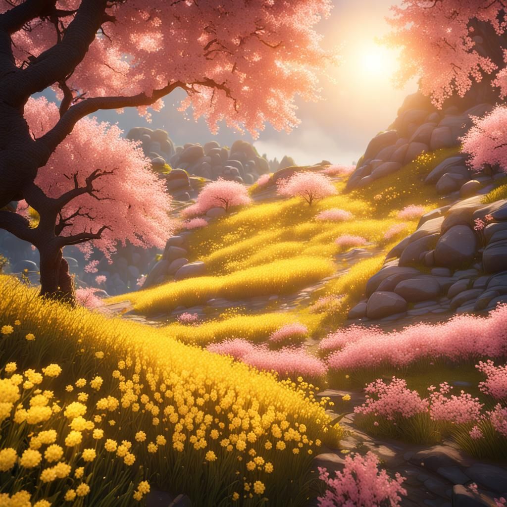 Hillside, cherry blossoms, rapeseed flowers, sunshine, breez...