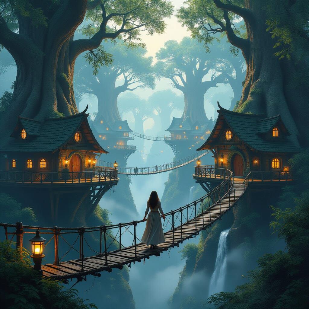 Treetop City with Rope Bridge, Ultra-Realistic Style