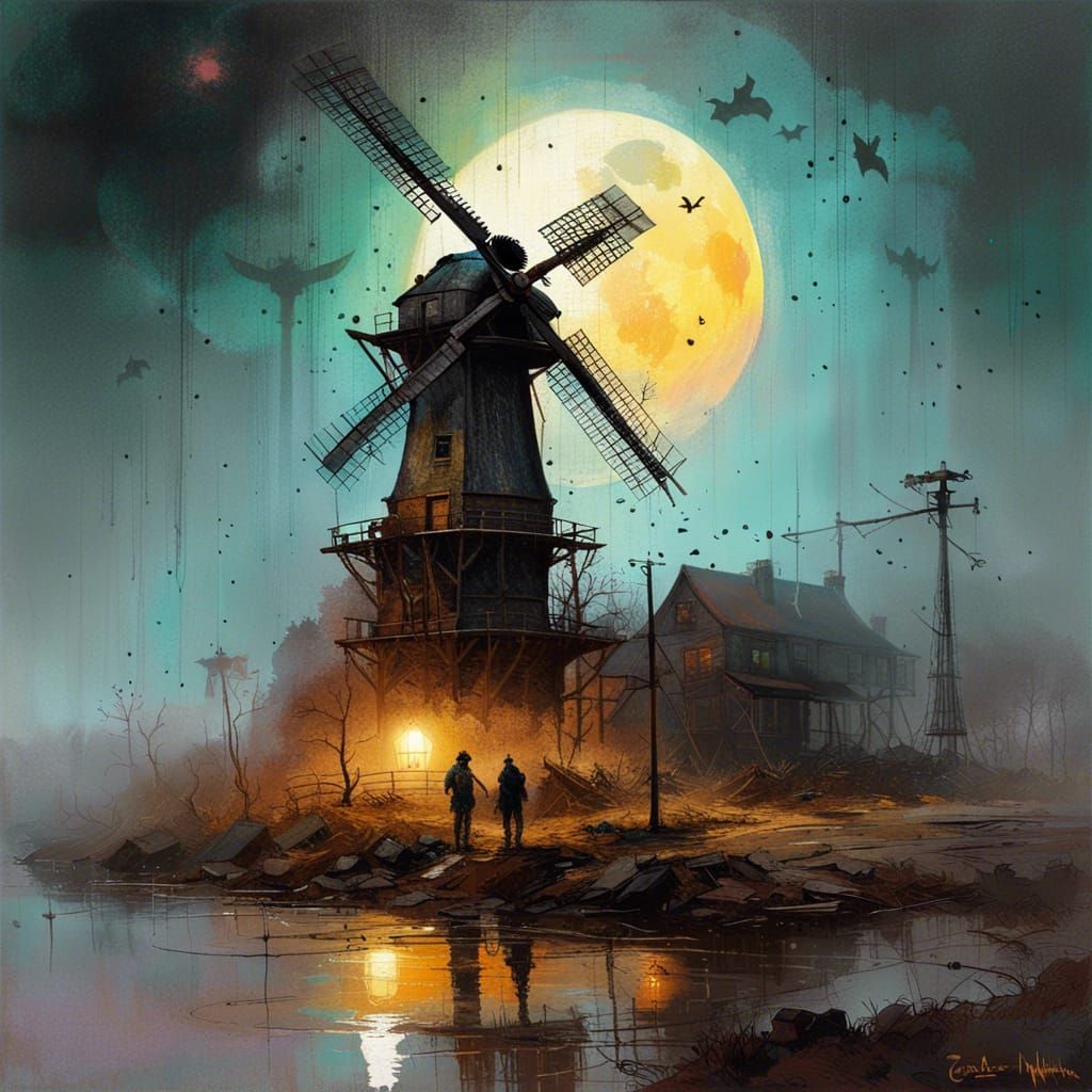 Windmill and moon  by @GMNewey