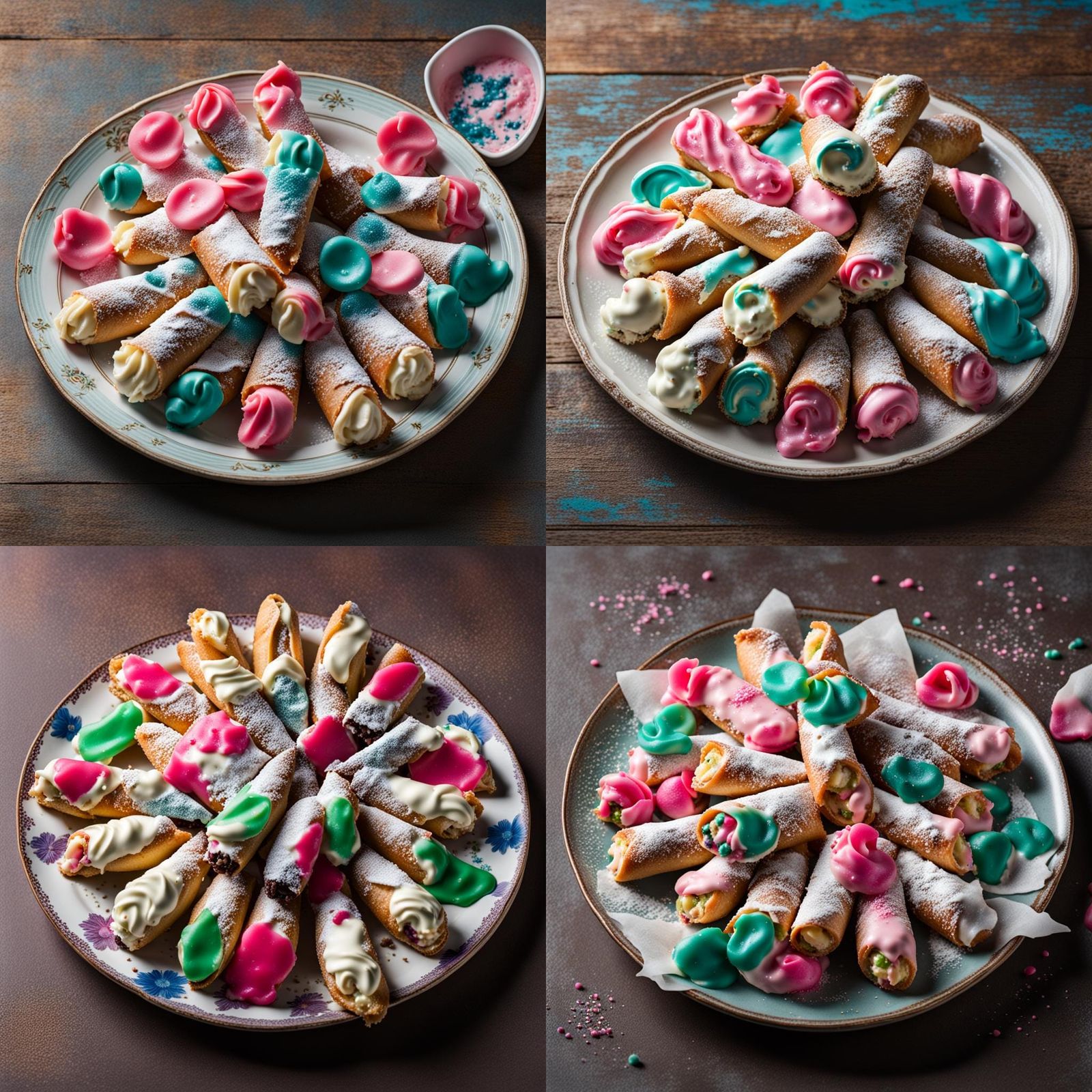 Plate of cannoli filled with pink and blue cream.
