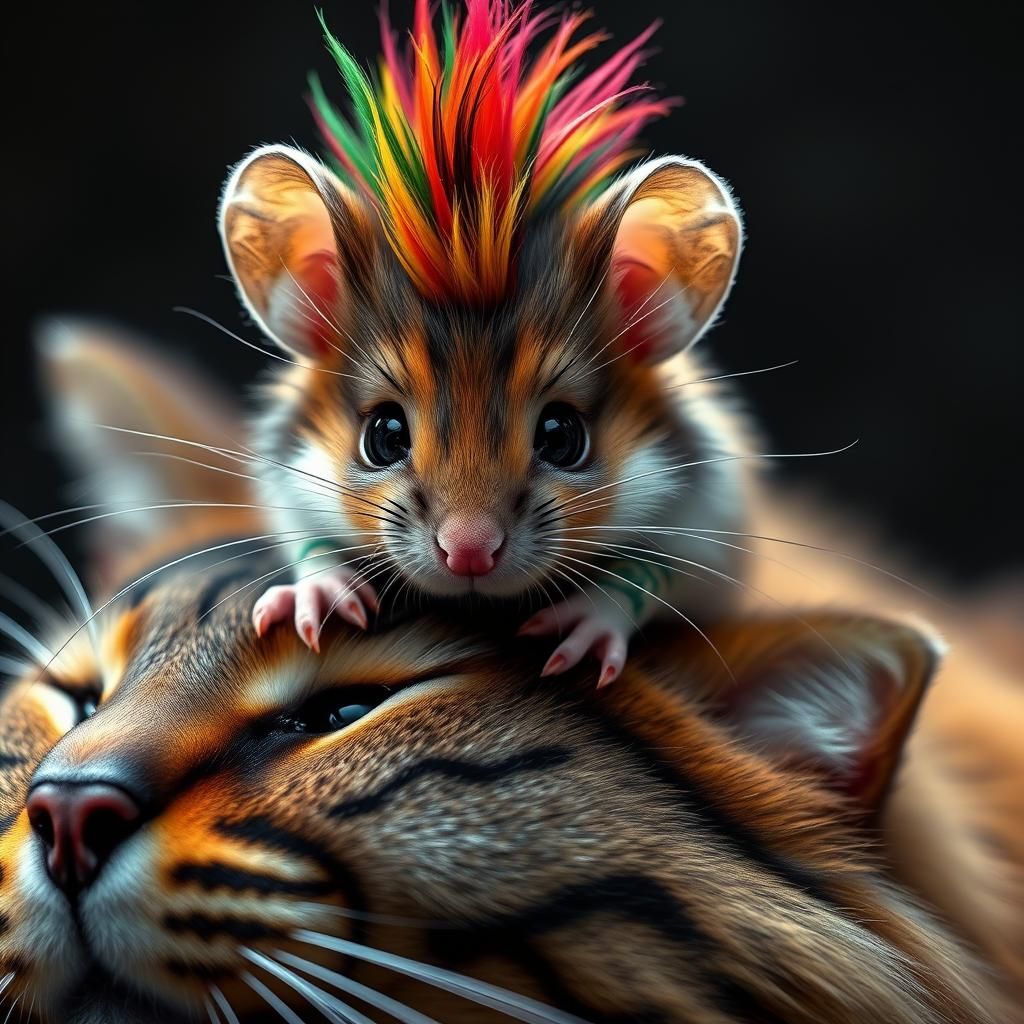 Fluffy Chibi Mouse with Mohawk on Cat