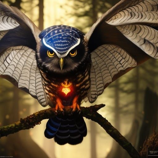 OWL terrifying large vivid headlight-eyes Dark fantasy conce...