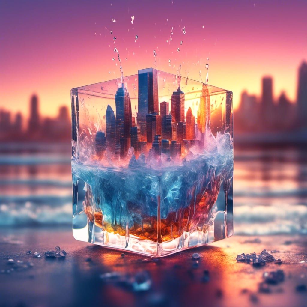 City in Ice Cube: 3D Model with Sunset Colors