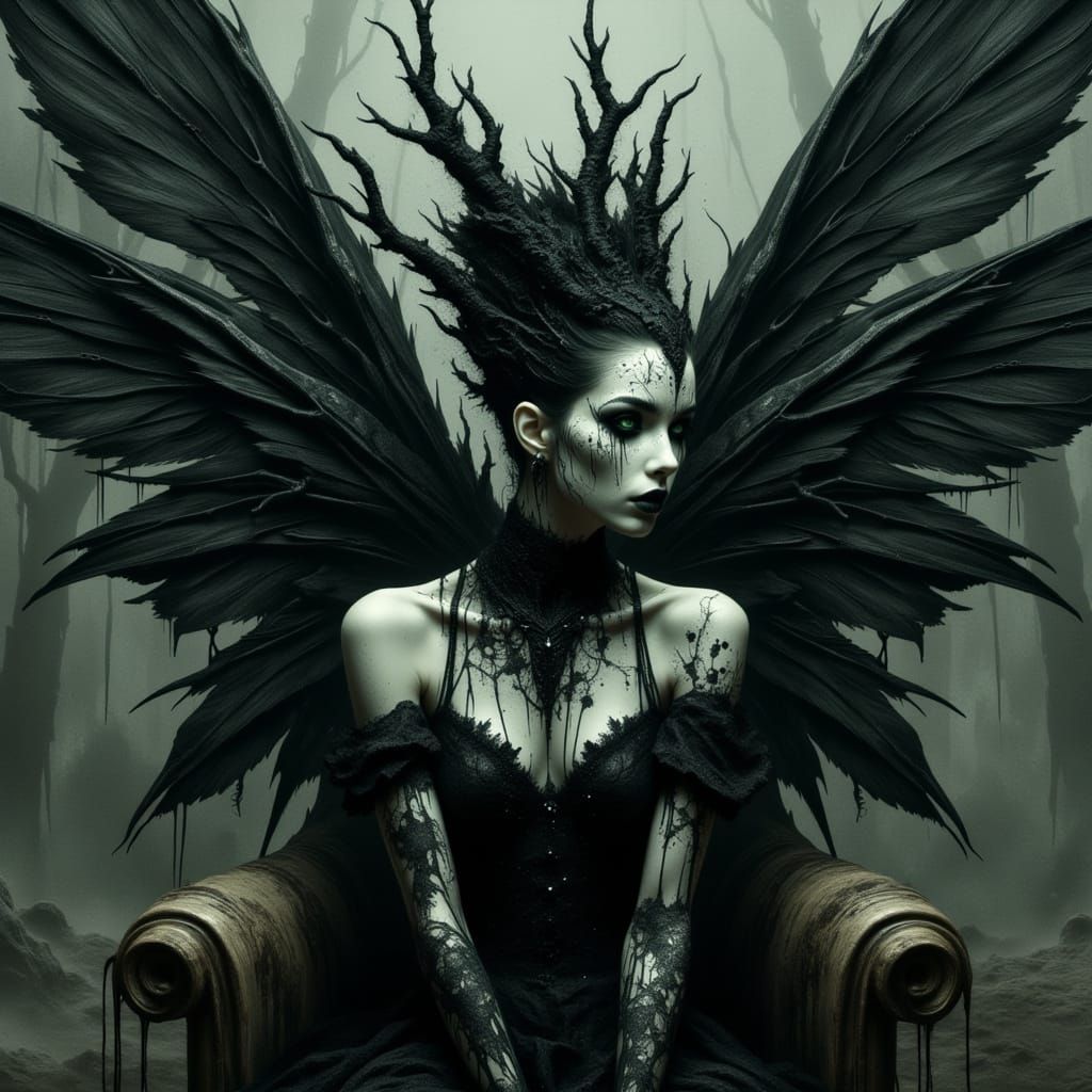 <lora:Veil of Nightmares:1.0> <lora:darkwater:1.0> <lora:jc double exposure:1.0> A gothic fairy queen with ornate black wings, sitting on a ...
