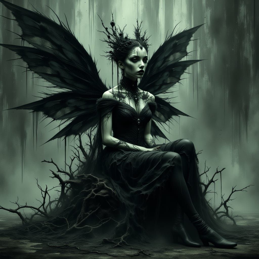 <lora:Veil of Nightmares:1.0> <lora:darkwater:1.0> <lora:jc double exposure:1.0> A gothic fairy queen with ornate black wings, sitting on a ...