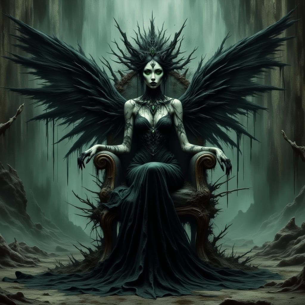 <lora:Veil of Nightmares:1.0> <lora:darkwater:1.0> <lora:jc double exposure:1.0> A gothic fairy queen with ornate black wings, sitting on a ...