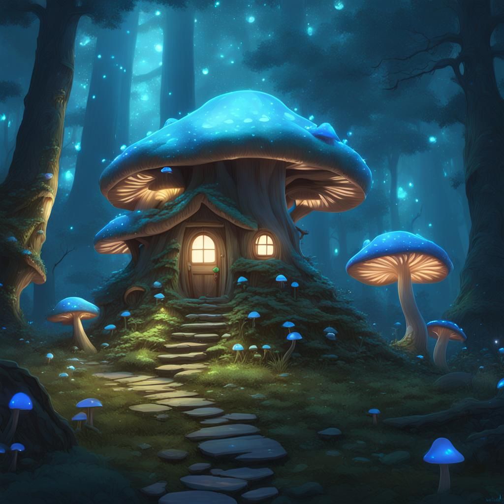 A fairy mushroom house in an enchanted bioluminescent forest...