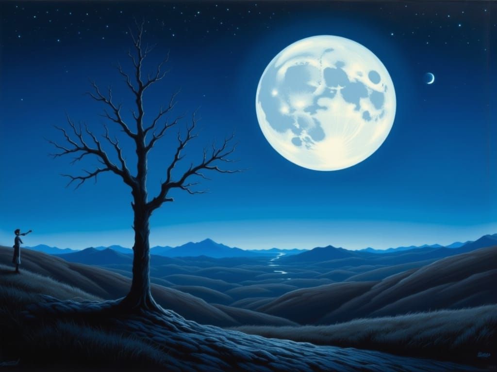 Surreal Moonlit Landscape with Silhouetted Tree