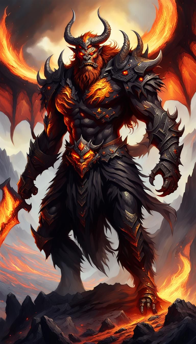 Illustration d'un immense démon sur un sommet volcanique. Sa...