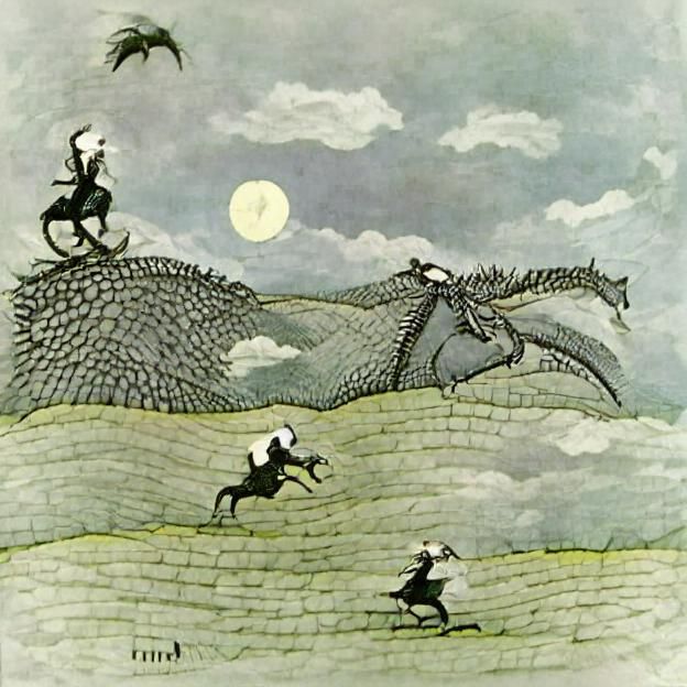 Kinght on horseback fighting a dragon, in the style of Edwar...