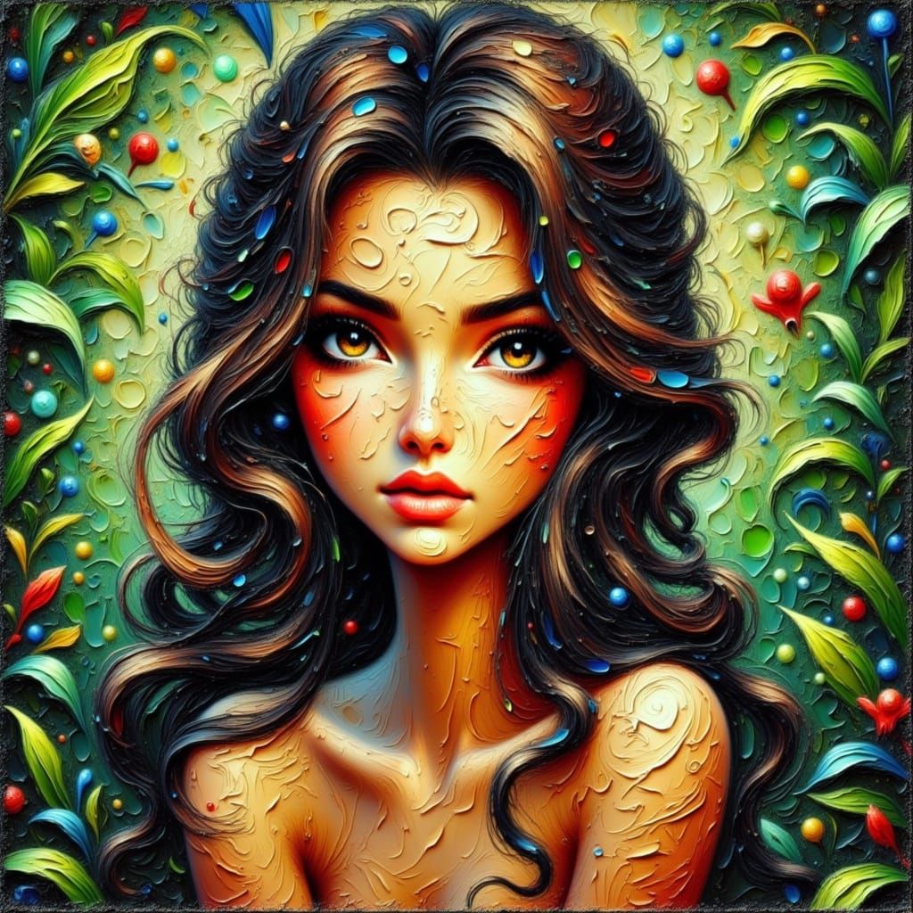 <lora:-No50-:1.0> Portrait of a beautiful brunette woman,  jungle background, Impasto Flaky paint