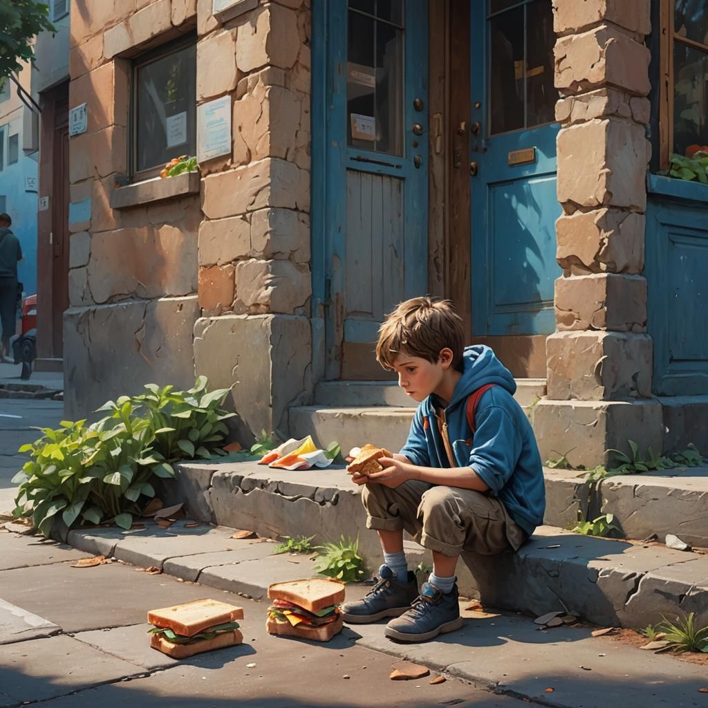 Fantasy Art: Boy Receives Sandwich on Street Corner