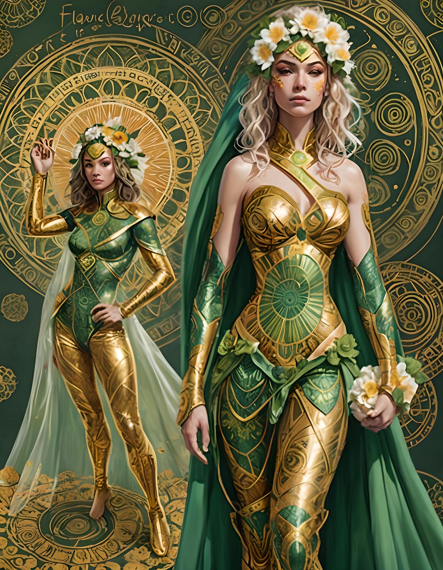 On the left: flower girl 14 years old superhero, dressed in her mandala style suit. to the right, her olderself a super hero woman called ga...