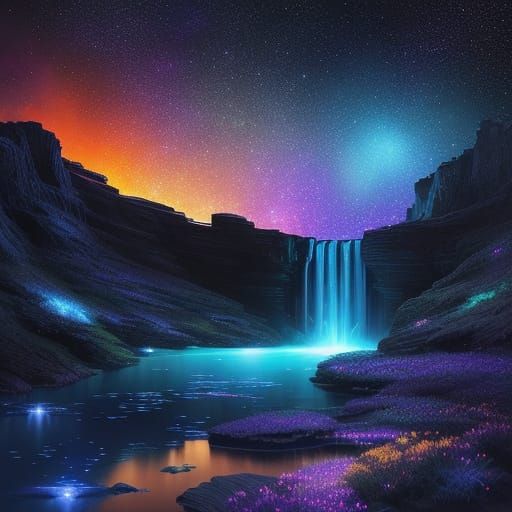 Cosmic Waterfall with Glowing Lights in Deep Space