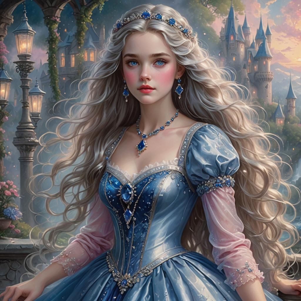 Silver-Haired Beauty in Blue Dress, Fantasy Art