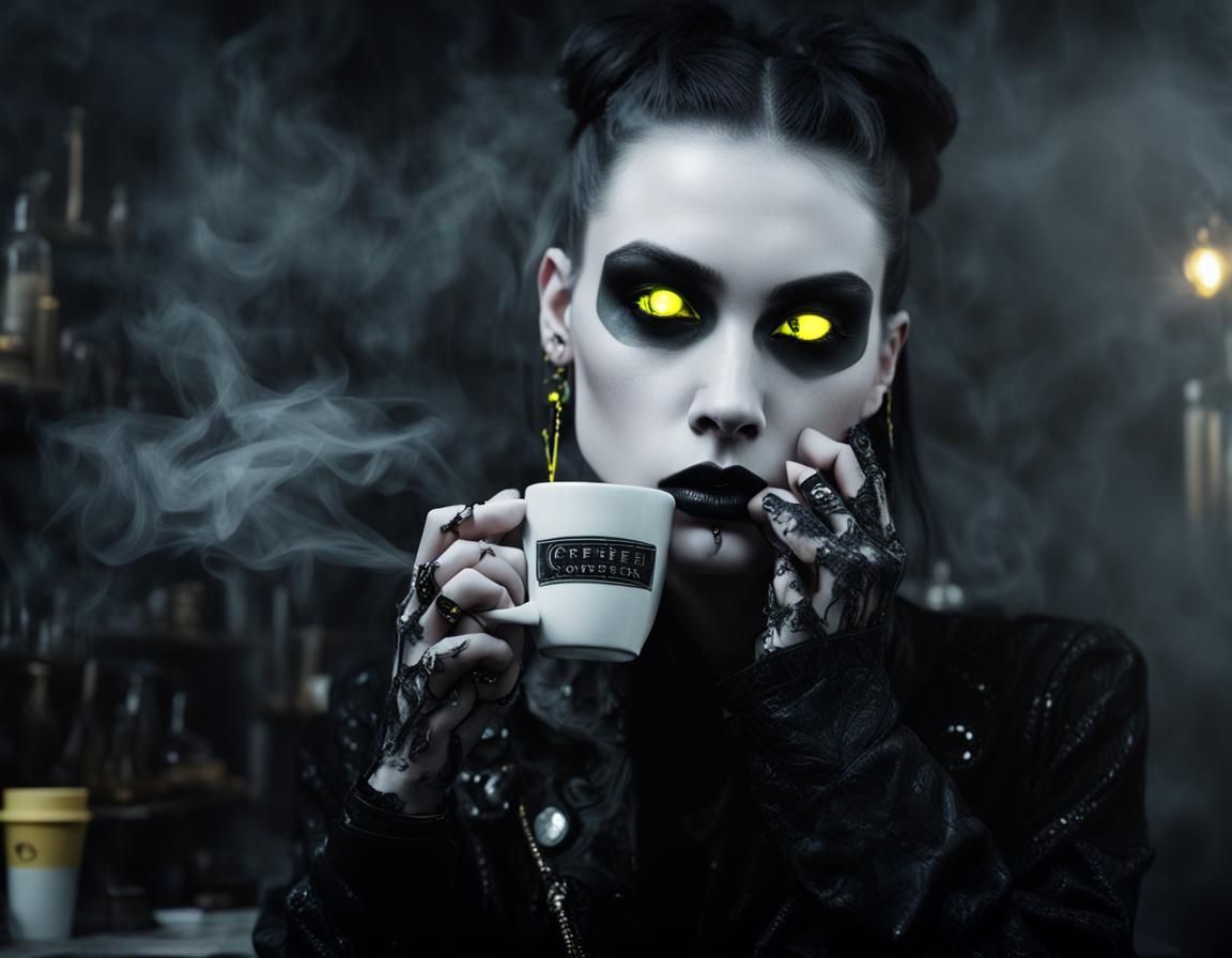 fog. smoke. intense yellow neon light. female goth fashion m...