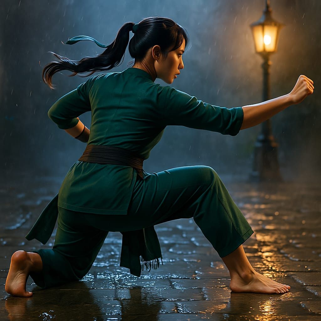 An adult female Silat master flows through a low sweeping la...