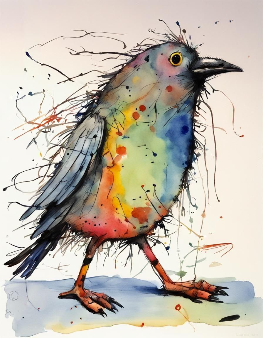 Moody Anthro Bird Illustration in Watercolor Style