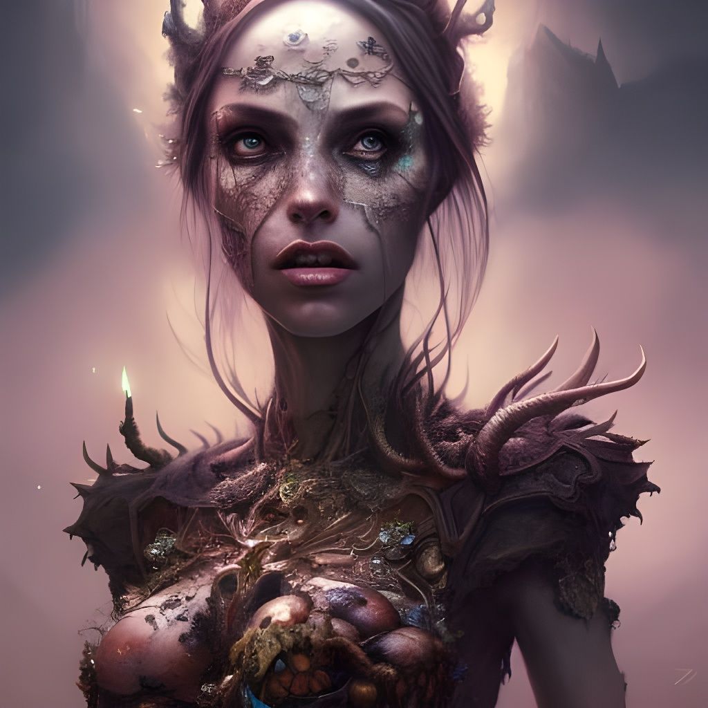 Zombie Goddess with Fractal Hair: Dark Fantasy Art