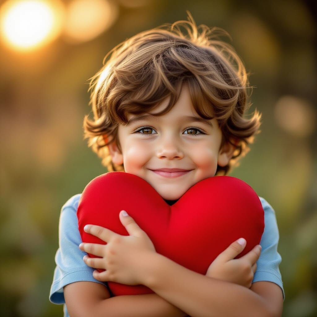 Joyful Boy Hugs Vibrant Red Heart in Golden Hour Light