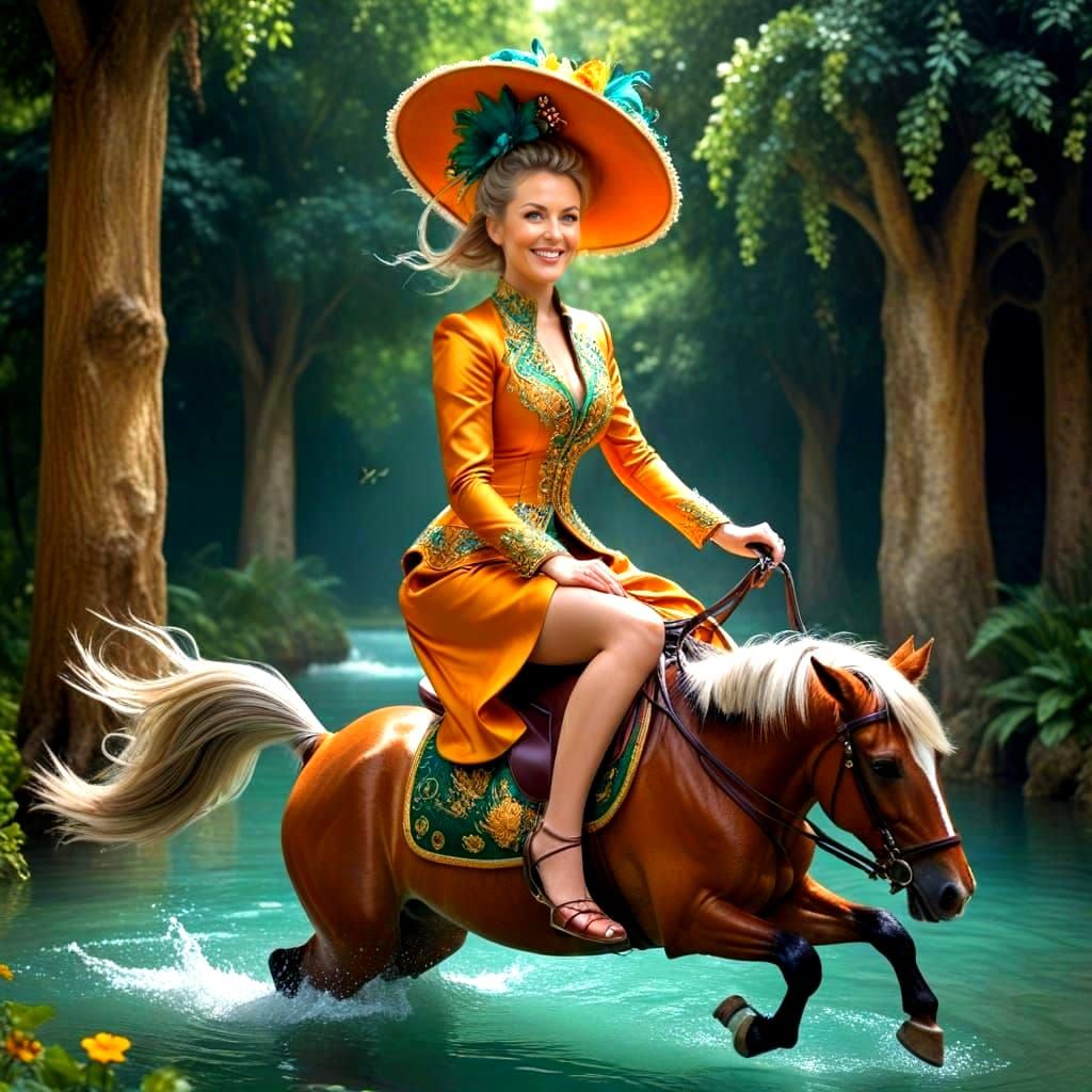 Surreal Portrait of Happy Lady Riding Fantastic Pony in Whim...