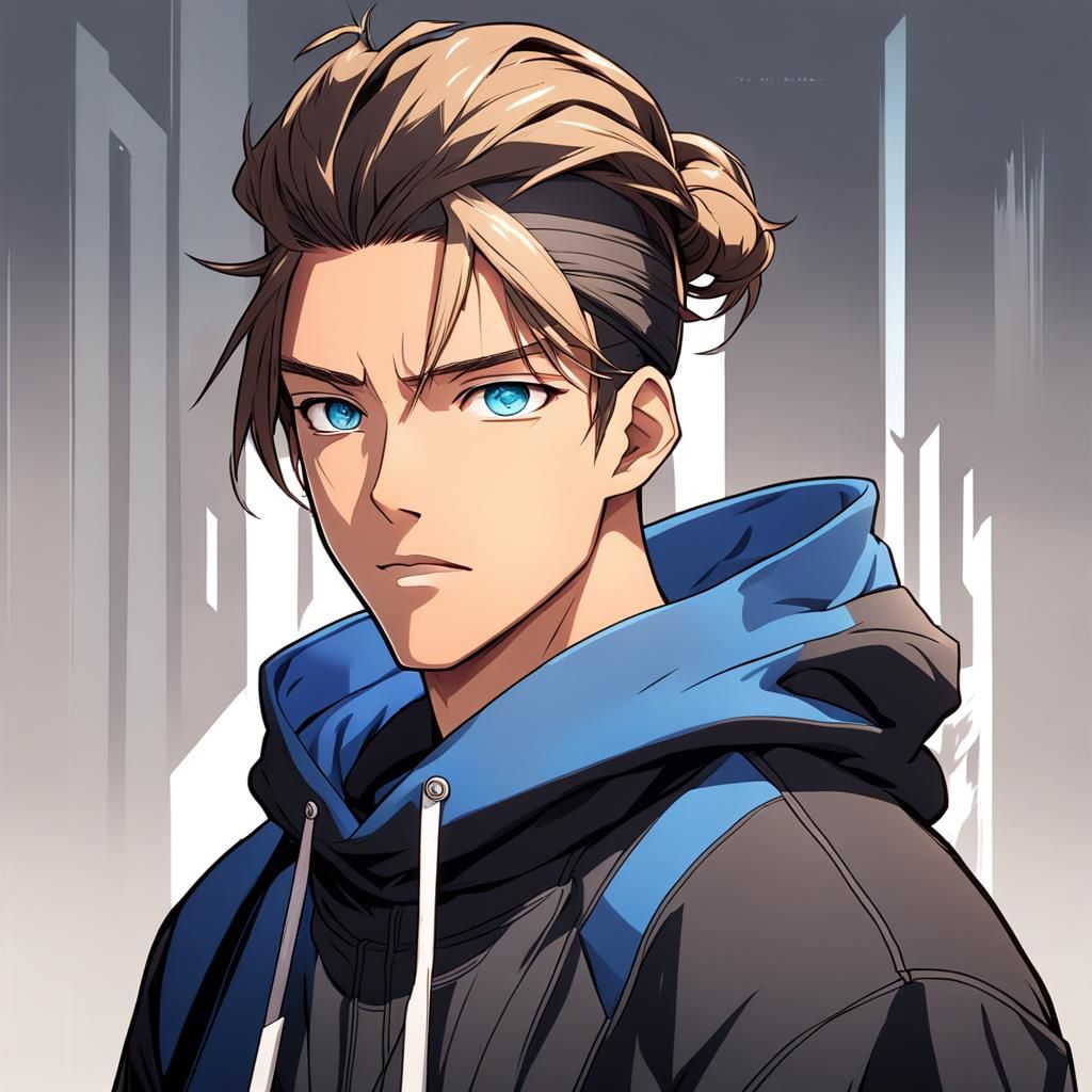 A feminine teen male with tan skin, long brown hair pulled u...