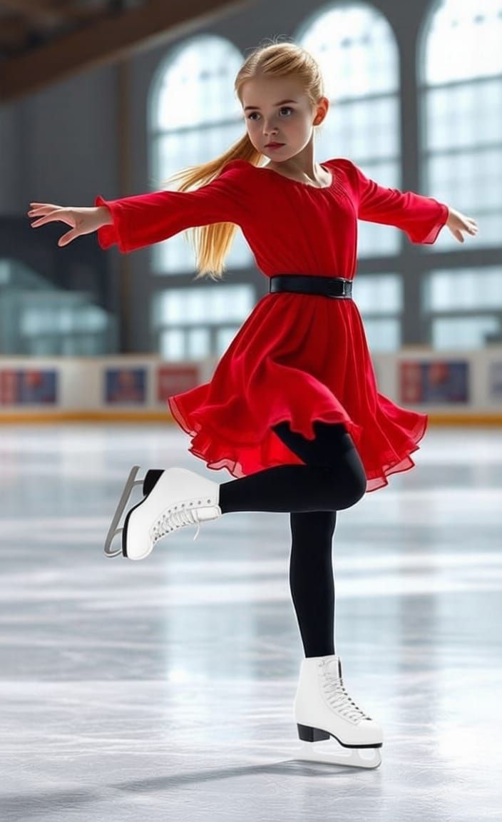 Whimsical Ice Skater in Vibrant Red Dress
