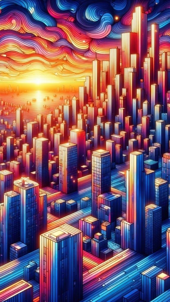<lora:Prismatic Lines:1.0> Prismatic lines glass art, sunset over a colossal cyberpunk metropolis of immense scale 
