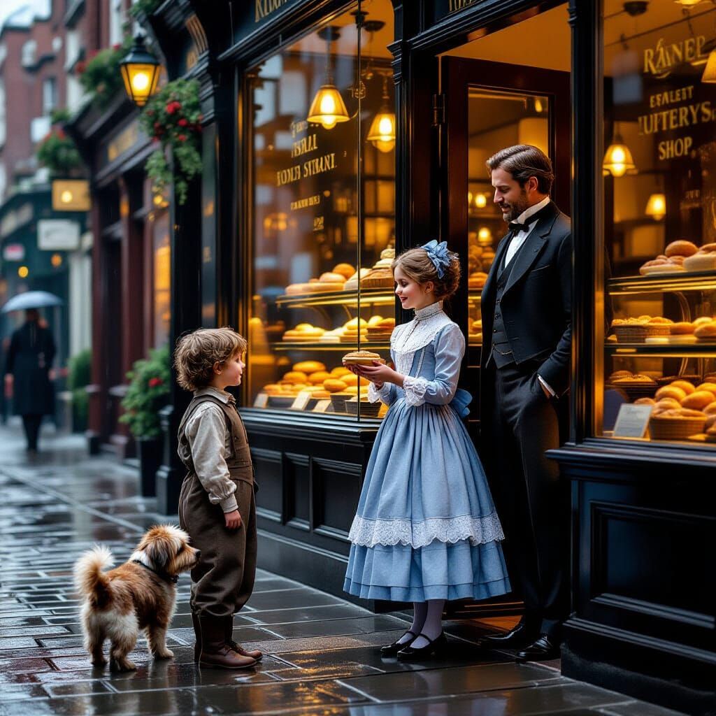 A hyper-realistic scene: A Victorian London rainy street,  A small boy dressed in poor clothes stands ...  by @Stargazer
