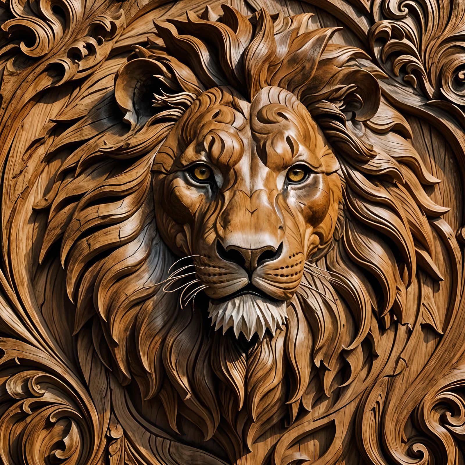 Curved Wood Carving of a Lion's Head
